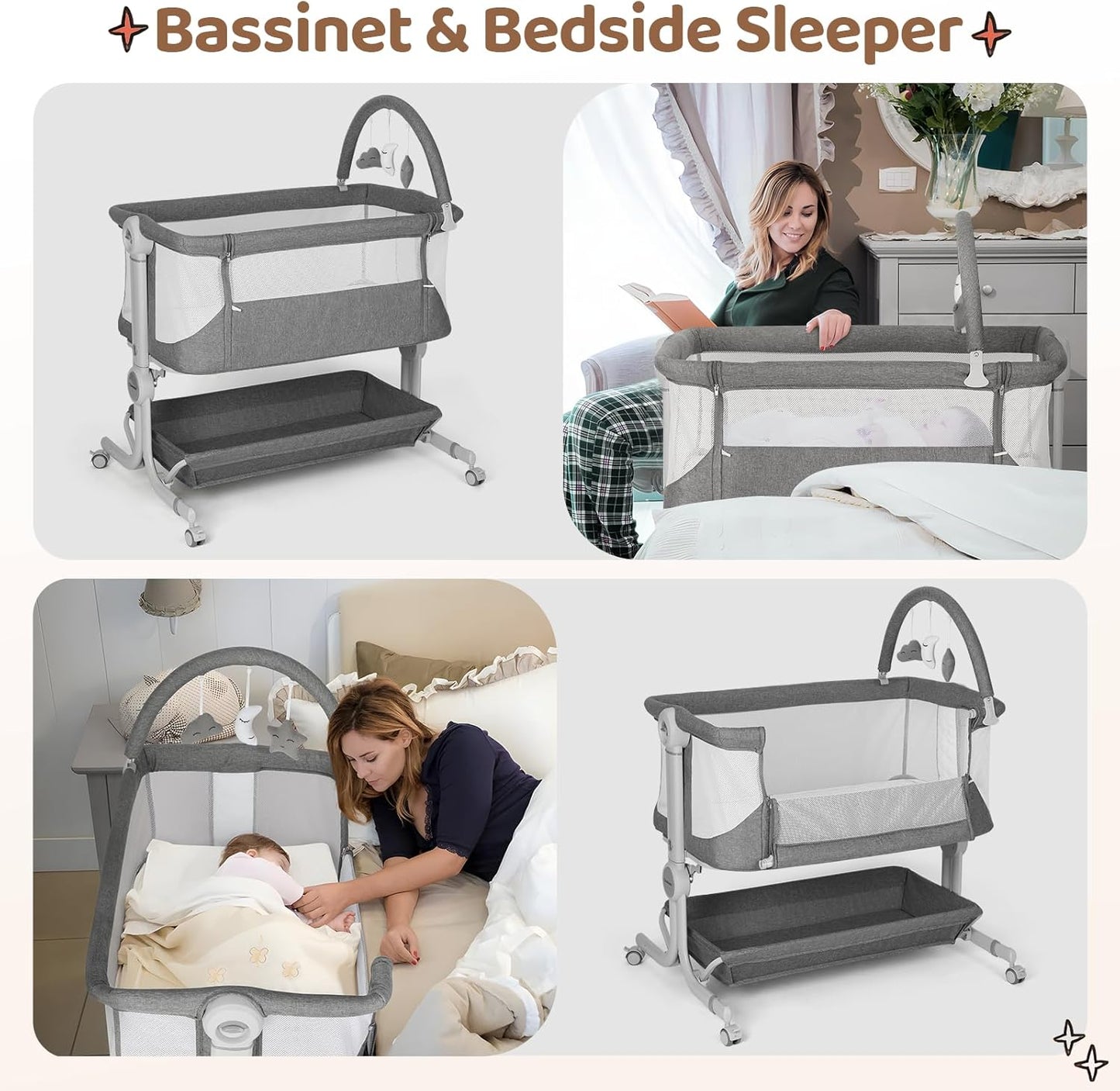 Cowiewie Baby Bassinet 4-Sided Mesh Bedside Sleeper with Wheels for Infant/Newborn Foldable Adjustable Height Portable Bedside Crib(Grey) | Breathable Mesh