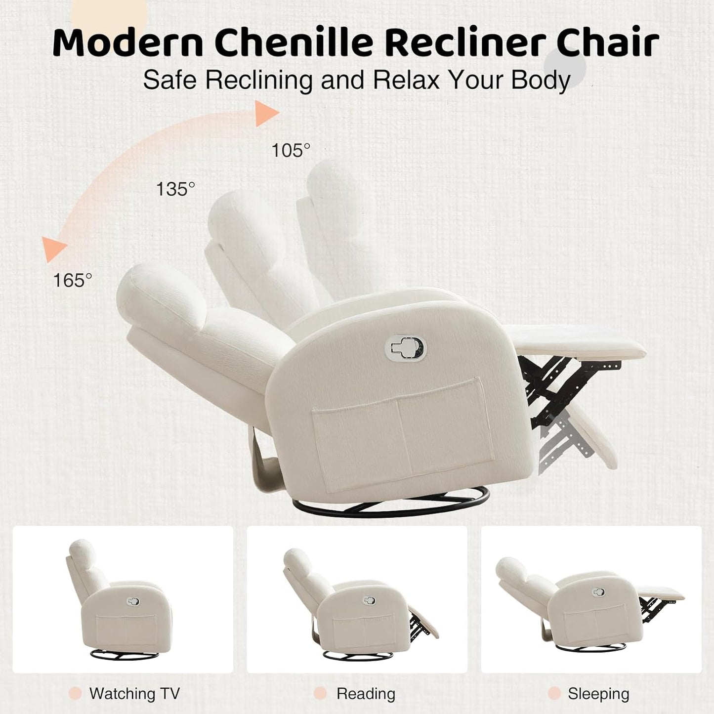 Swivel Rocker Recliner Chair, Rocking Recliner for Nursery with Side Pockets, Manual Swivel Reclining Nursery Glider Chair for Breastfeeding Living Room, Camel Chenille