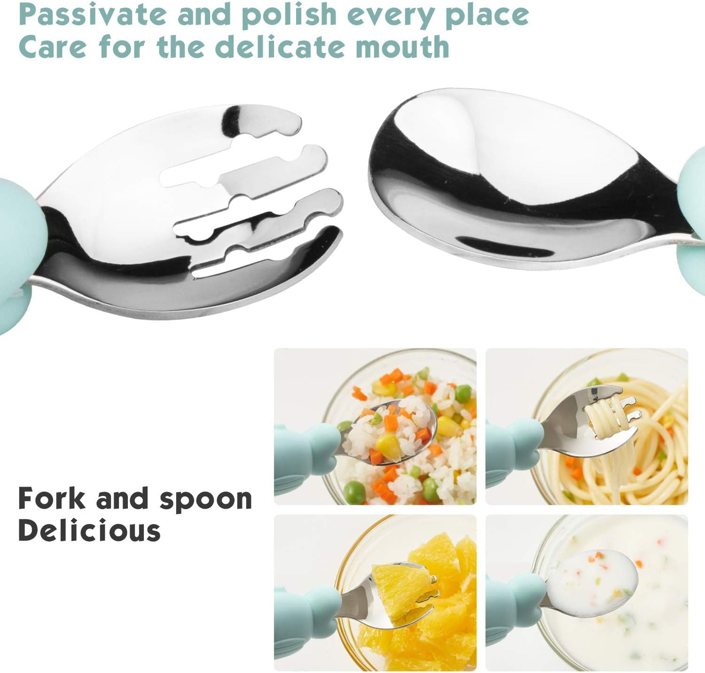 Silicone Suction Plate for Toddlers with Fork Spoon Set - Self Feeding Training Divided Plate Dish and Bowl for Baby and Toddler, Fits for Most Highchairs Trays (Green)