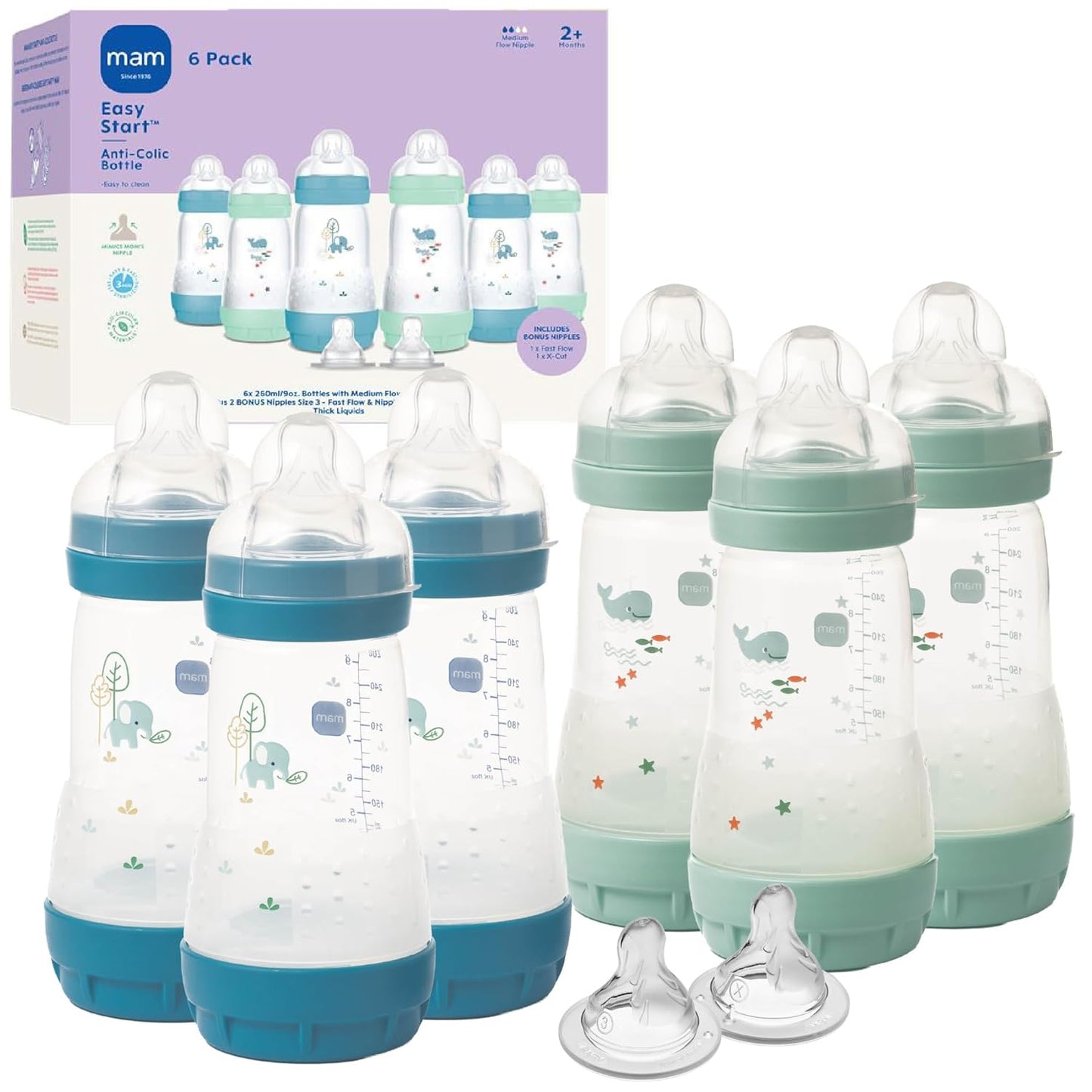 MAM 9oz Easy Start Anti-Colic+ Wide Neck Baby Bottle, Medium Flow Breastfeeding-Like Nipple, Reduces Colic Gas & Reflux, Easy To Clean, BPA Free, 2+ Months, Made In Europe, Bonus Fast Flow Nipple, Boy