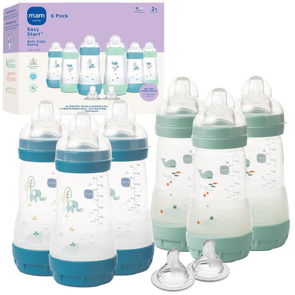 MAM 9oz Easy Start Anti-Colic+ Wide Neck Baby Bottle, Medium Flow Breastfeeding-Like Nipple, Reduces Colic Gas & Reflux, Easy To Clean, BPA Free, 2+ Months, Made In Europe, Bonus Fast Flow Nipple, Boy