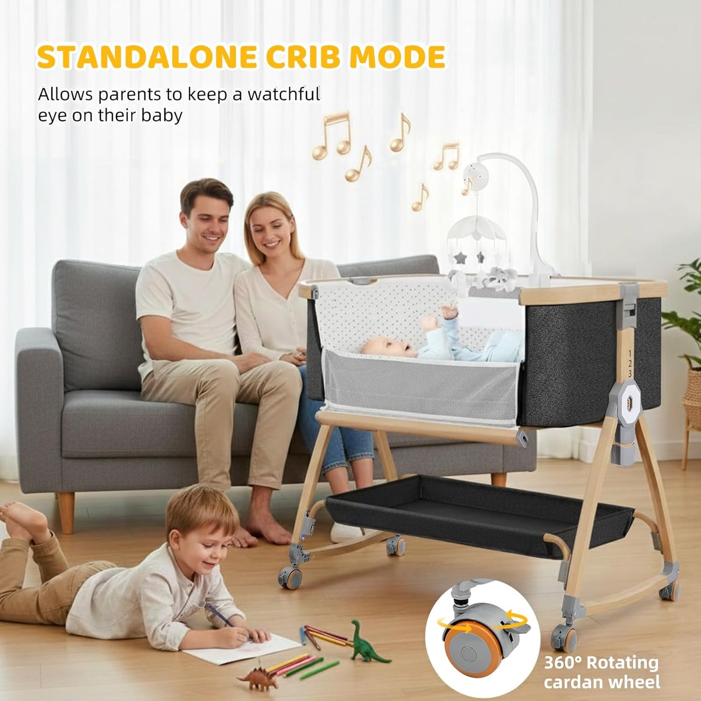 Bassinet Bedside Sleeper,Bedside Bassinet,Rocking Bassinet,3 in 1 Portable Bedside Crib with Mattress,Mobile,Mosquito Net,Storage Basket,6-Height Adjustable Baby Bassinet with Wheels for Newborn,Beige