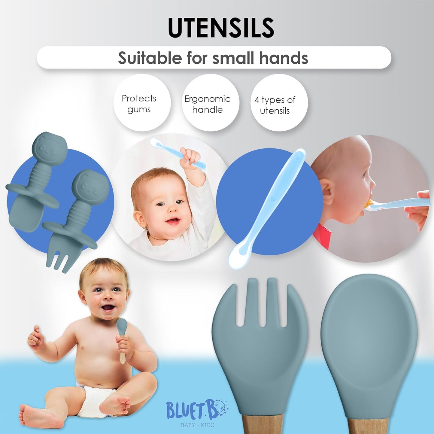 Bluet B- Silicone Baby Feeding Set with Pacifier - Baby Led Weaning Supplies - Baby Spoons, Suction Bowl - Plate - Baby Utensils Set - Silicone Feeding Set for Baby First Foods - 11pcs - Purple