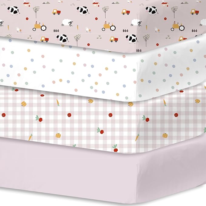 Plushii 4 Pack Fitted Crib Sheets for Baby Girls, 28"x 52" Extra Soft Microfiber Crib Sheet Set for Standard Crib & Toddler Mattress Pad,Pink Sheep
