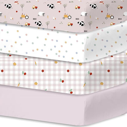 Plushii 4 Pack Fitted Crib Sheets for Baby Girls, 28"x 52" Extra Soft Microfiber Crib Sheet Set for Standard Crib & Toddler Mattress Pad,Pink Sheep