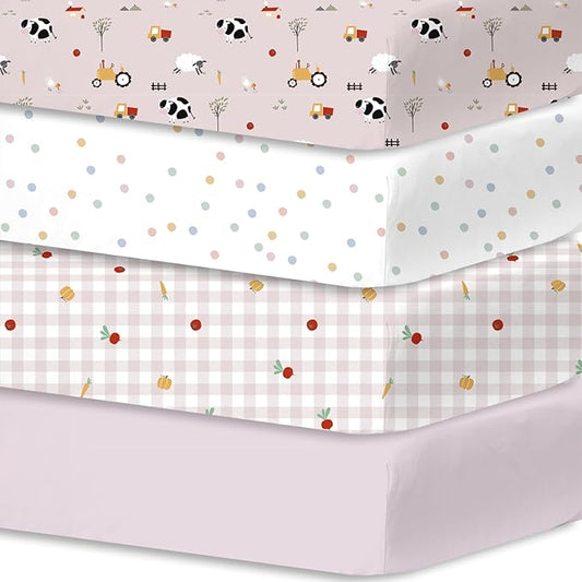 Plushii 4 Pack Fitted Crib Sheets for Baby Girls, 28"x 52" Extra Soft Microfiber Crib Sheet Set for Standard Crib & Toddler Mattress Pad,Pink Sheep