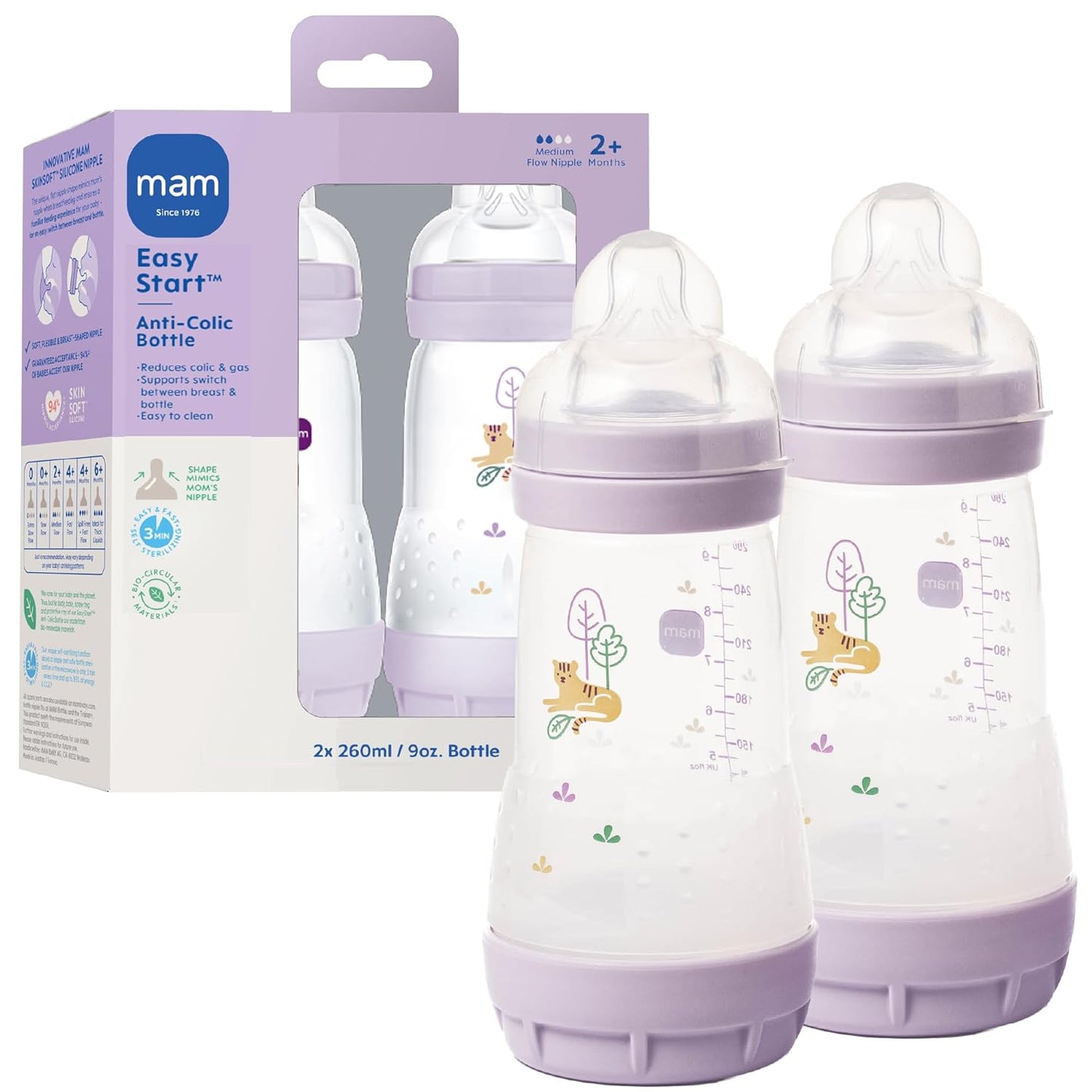 MAM 9oz Easy Start Anti-Colic+ Wide Neck Baby Bottle, Medium Flow Breastfeeding-Like Nipple, Reduces Colic Gas & Reflux, Easy To Clean, BPA Free, 2+ Months, Made In Europe, Bonus Fast Flow Nipple, Boy