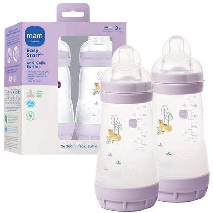 MAM 9oz Easy Start Anti-Colic+ Wide Neck Baby Bottle, Medium Flow Breastfeeding-Like Nipple, Reduces Colic Gas & Reflux, Easy To Clean, BPA Free, 2+ Months, Made In Europe, Bonus Fast Flow Nipple, Boy