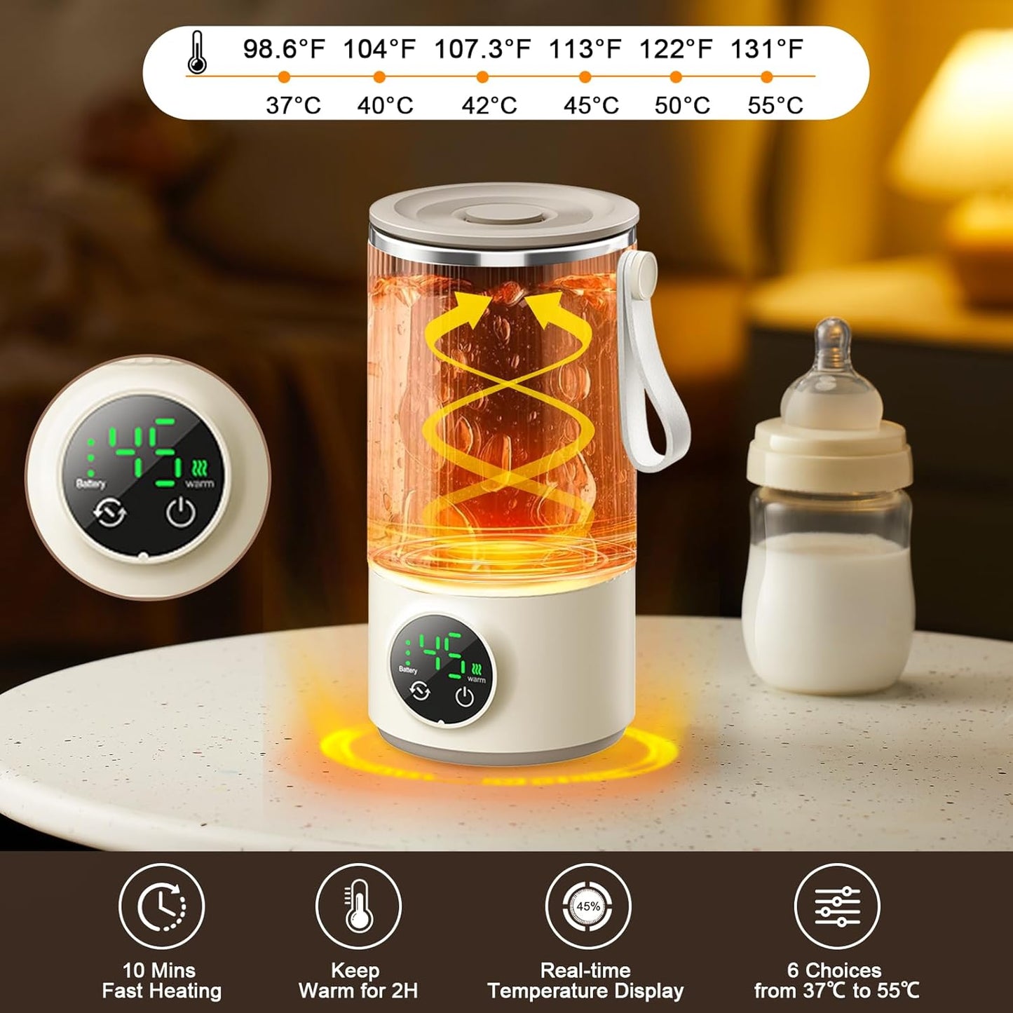 Portable Bottle Warmer & Mixer, Even Heating Formula to Keep Nutrient,Baby Bottle Warmer for Breastmilk & Formula,Defrost,Leakproof,Accurate Temp Control,Keep Warm
