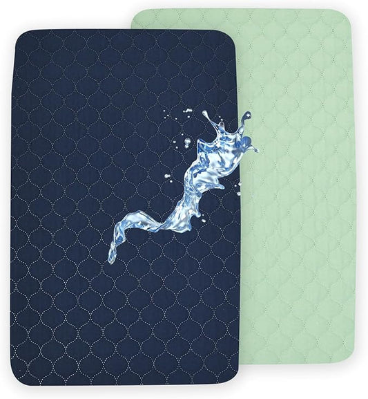 David’s Kids 2 Pack Mini Crib Waterproof Cover, 38" x 25" Fitted Breathable Protector Sheet with Elastic Skirt, Soft Pad Cover for Crib and Playard, Navy Blue & Sage Green