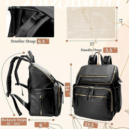 Omanmoli Diaper Bag Backpack Baby Diaper Bag Leather with 17 Diaper Bag Organizing Pouches,Changing Pad,Stroller Straps,4 Insulated Pockets,Black
