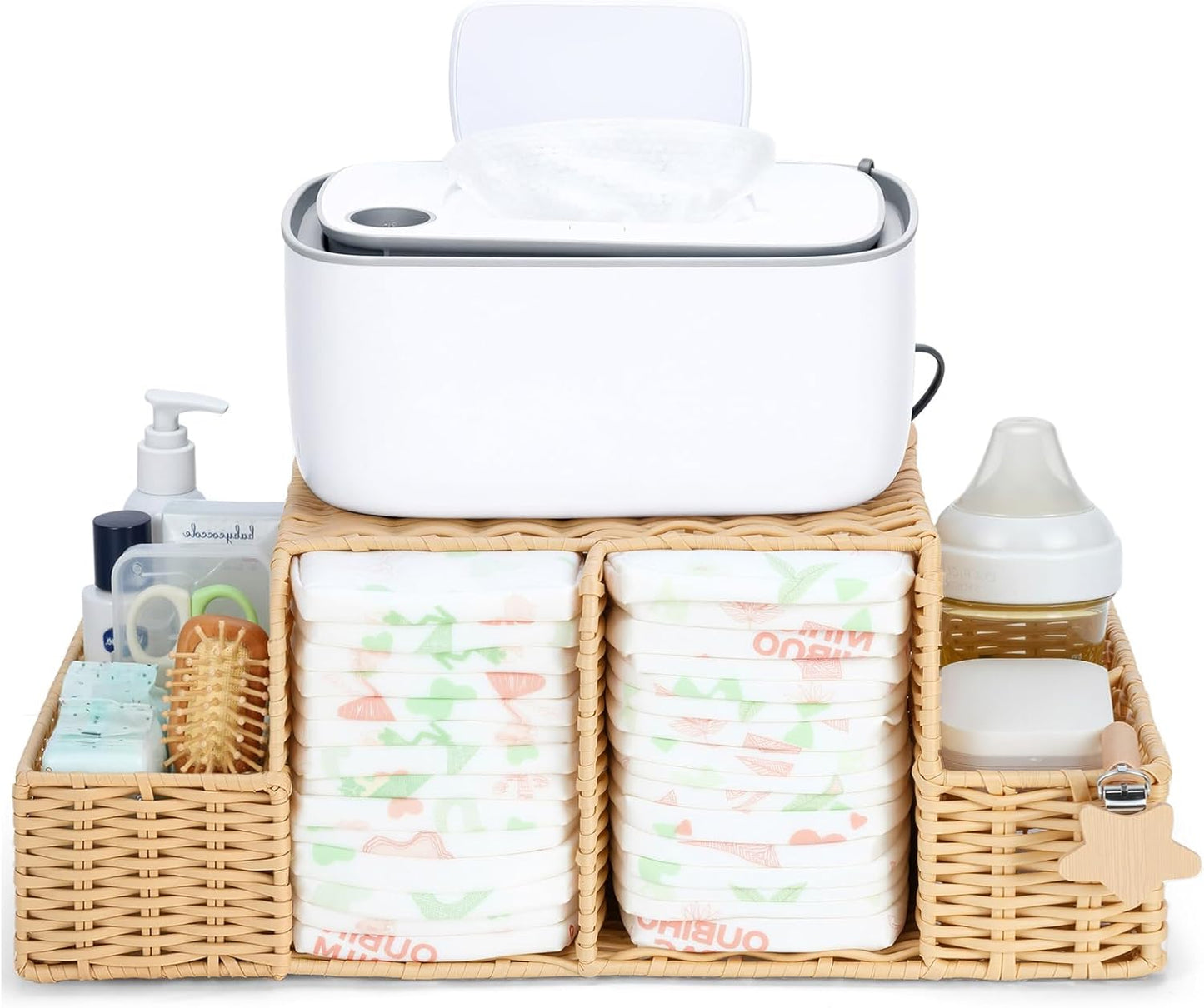 Diaper Caddy Organizer, Hand Rattan Nursery Storage Basket for Baby Essentials, Baby Changing Table Organizer Perfect Nursery Assistant (Natural Light Woven - Style 1, M)
