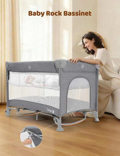 Dripex 5 in 1 Pack n Play Bedside Sleeper, 2-Level Height Baby Crib, Storage Pocket & Breathable Mesh - Foldable Portable Baby Bedside Bassinet for 0 to 12 Months (Travel/Home), Dark Grey