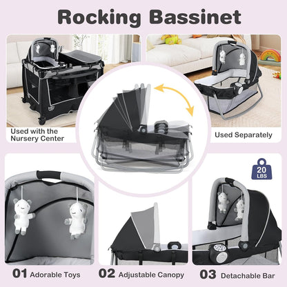 BABY JOY 5 in 1 Pack and Play, Portable Nursery Center Baby Playard w/Bassinet & Diaper Changing Table, Bag, Infant Bassinet Crib Activity Center for Baby Toddlers Indoor Outdoor (Royal Blue, Classic)
