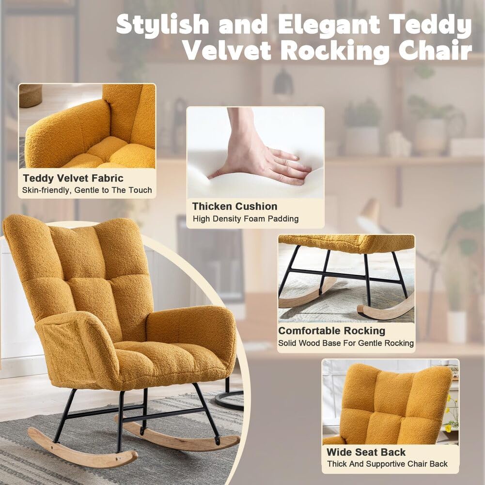 Nursery Rocking Chair Teddy Upholstered Glider Rocker Rocker Accent Chair with High Backrest Armchair Comfy Side Pocket Modern Rocking Accent Chairs for Living Room, Nursery, Office-Green