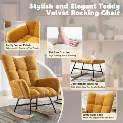 Nursery Rocking Chair Teddy Upholstered Glider Rocker Rocker Accent Chair with High Backrest Armchair Comfy Side Pocket Modern Rocking Accent Chairs for Living Room, Nursery, Office-Green