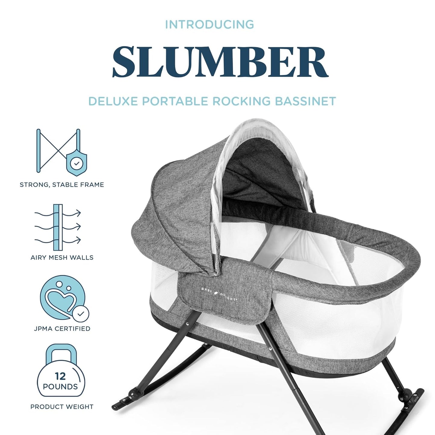 Baby Delight Beside Me Doze Deluxe Baby Bassinet, Bedside Sleeper, Foldable, Removeable Canopy, Pebble Grey