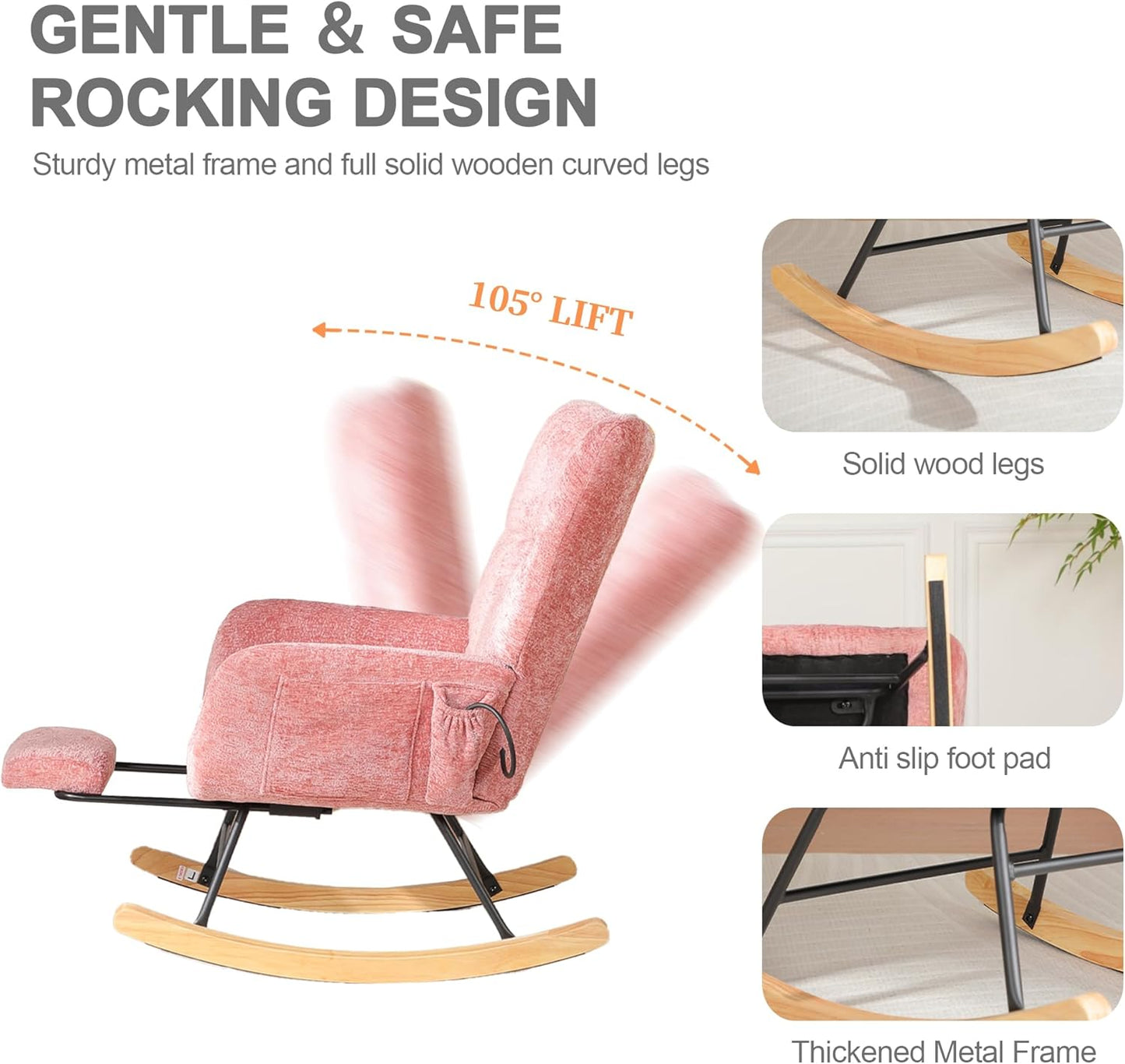 Rocking Chair Nursery with Airbag, Comfy Modern Nursery Rocking Reading Chair indoor with Footrest, Cozy Upholstered Glider Rocker Chairs for Living Room Bedroom Offices(Chenille, Dark Grey)