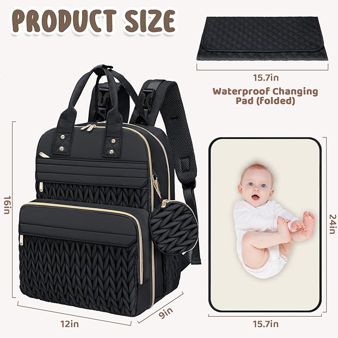 CandyHome Diaper Bag Backpack, Waterproof Stylish Baby Bag with Changing Pad, Large Capacity Travel Essentials Baby Diaper Bag with USB Port, Stroller Straps & Pacifier Case (Black)