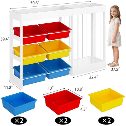 50.6" W X 39.4" H Toy Organizer, Large Toy Storage with 153L Stuffed Animal Storage for 80+ Medium Plushies, 6 Plastic Removable Bins, Toy Organizer Shelf for Girls Boys Playroom, Kids Room