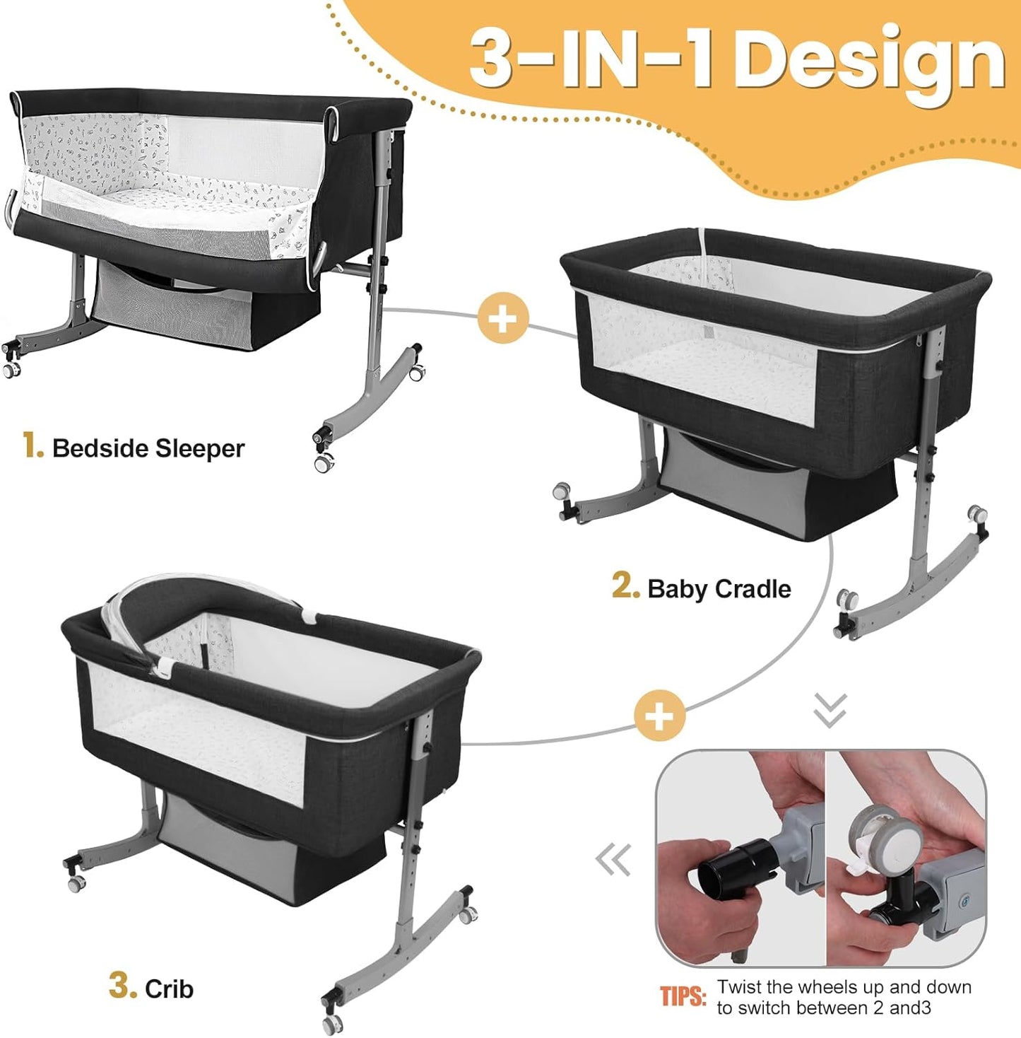 Bedside Bassinet Baby Crib, 3-in-1 Bedside Crib with Storage Basket, 6 Levels Height Adjustable Baby Bassinet with Mosquito Net and Wheels, Portable Newborn Infant Cradle Black