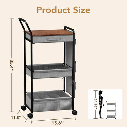 BBLIKE 3-Tier Diaper Caddy Organizer - Rolling Utility Baby Cart with Drawer and Side Pockets for Nursery and Baby Essentials, Multi-Function Cart for Bedroom and Bathroom, White