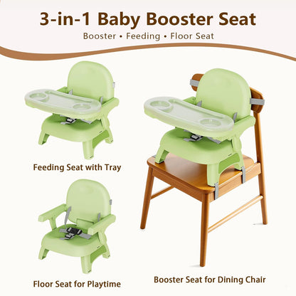 Booster Seat for Kitchen Chair, 3-in-1 Foldable & Portable Booster Seat with Tray, Extra Dishwasher-Safe Tray, Safety Straps for 6–18M (Up to 30 lbs), for Dining Table, Travel & Camping, Gray