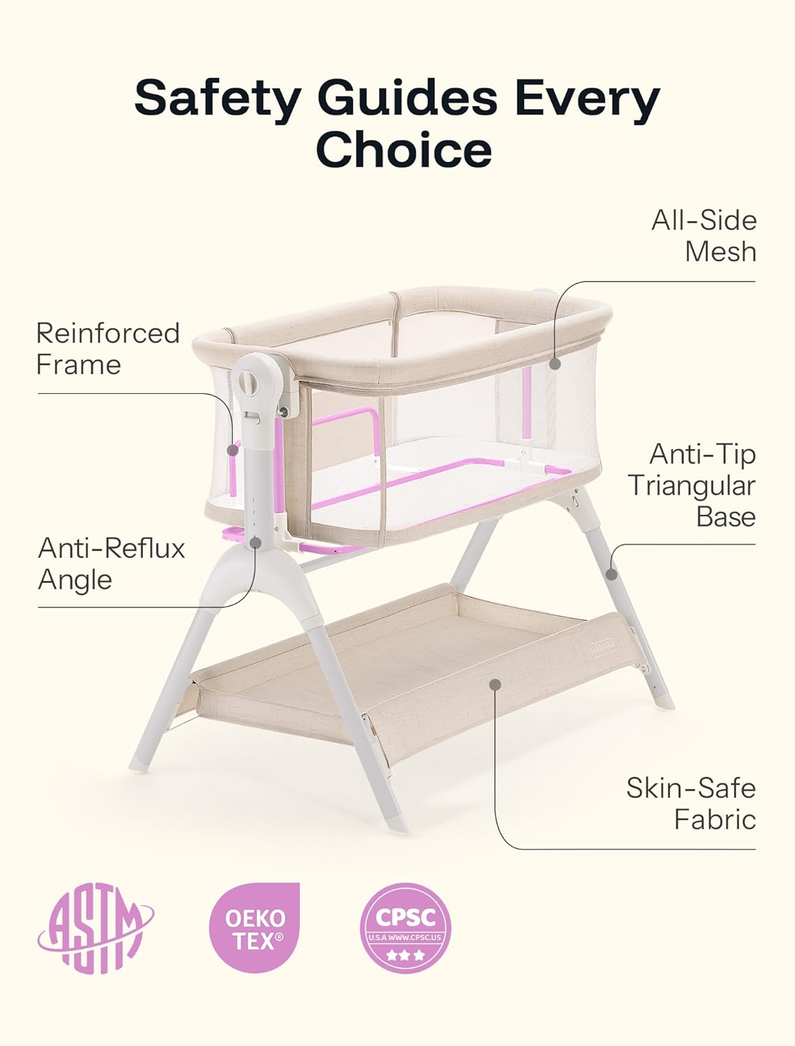 HARPPA Cuddly Sway Baby Bassinet Bedside Sleeper, 3 in 1 Rocking Bassinet with Mattress and Soft Cover, Full Mesh Sides, 5 Height Adjustable with Wheels for Newborns, Beige