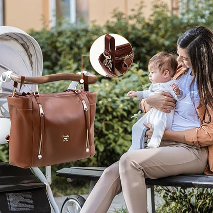 miss fong Diaper Bag Tote Leather Diaper Bag Backpack, Large Capacity Mommy Bag Hospital Bag, 12 Pockets Travel Diaper Tote with Changing Pad Pañaleras Para Bebe for Mom & Dad-Brown | Large Capacity, Mommy Bag, Hospital Bag, 12 Pockets, Travel Diaper T...