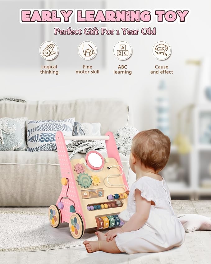 Wooden Baby Walker with Wheels, Baby Push Walkers for Girls 12 Months, Push Toys 1 Year Old Girl Small Size