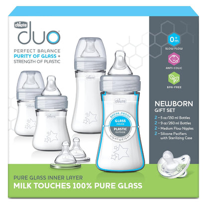 Chicco Duo 9oz Hybrid Baby Bottle, Real Glass Inside, Lightweight Plastic Outside, Patented Invinci-Glass Technology, Intui-Latch Nipple, 2-Pack, Clear/Pink