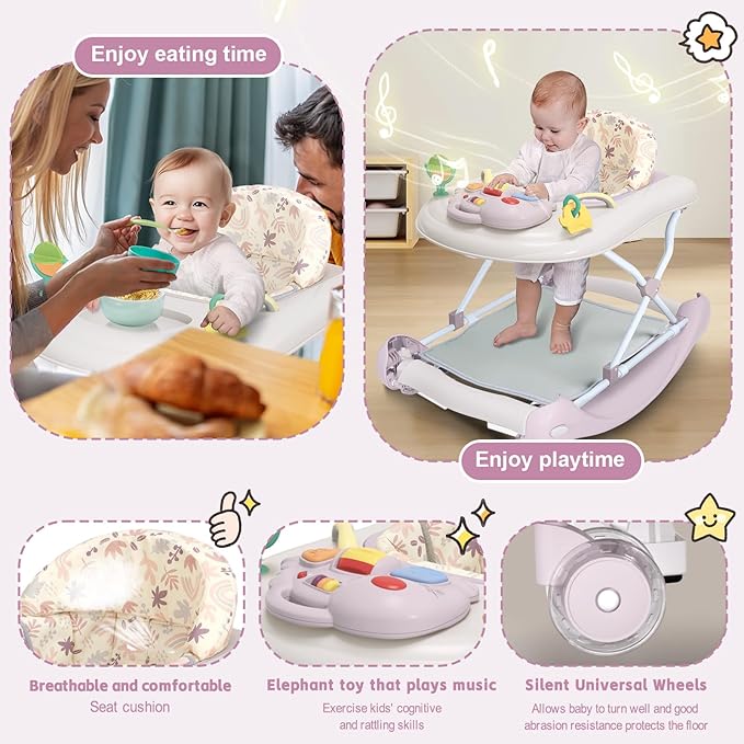 5 in 1 Foldable Baby Walker,Activity Baby Walker-Baby Bouncer,Rocker,Activity Center,Seat and Push Walker,Detachable Footrest Mat,Adjustable Speed Rear Wheels and Height,Ages 6-18 Months (Purple)