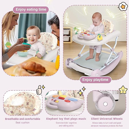5 in 1 Foldable Baby Walker,Activity Baby Walker-Baby Bouncer,Rocker,Activity Center,Seat and Push Walker,Detachable Footrest Mat,Adjustable Speed Rear Wheels and Height,Ages 6-18 Months (Purple)