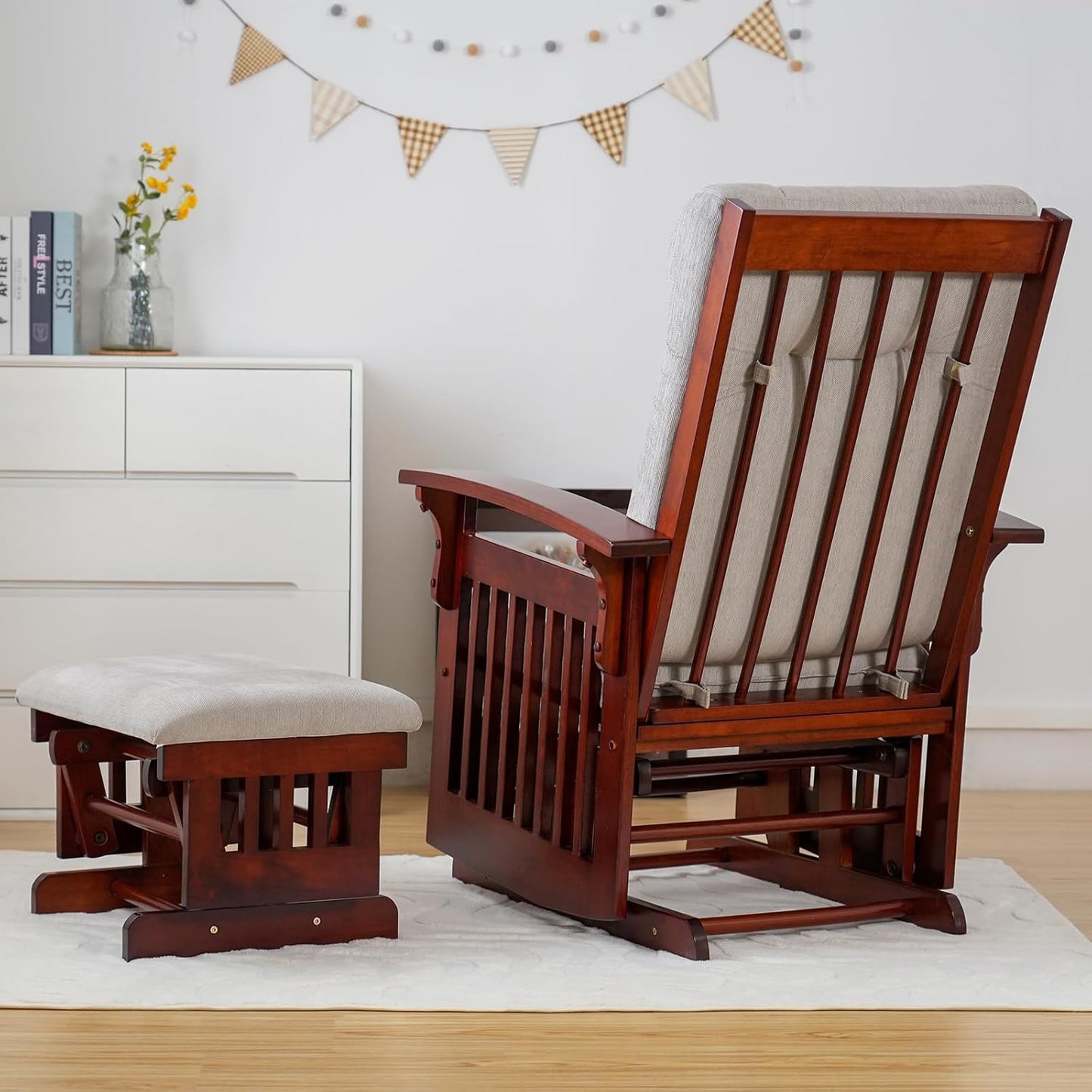 Rustic Rubber Wood Glider and Ottoman Set, Nursery Glider Chair for Breastfeeding and Relaxing, Comfortable Rocking Chair for Living Room and Bedroom（Tan）