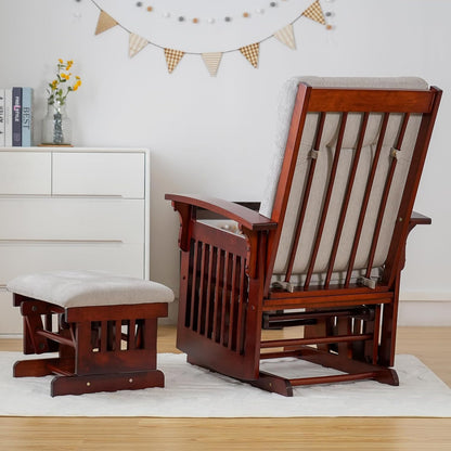 Rustic Rubber Wood Glider and Ottoman Set, Nursery Glider Chair for Breastfeeding and Relaxing, Comfortable Rocking Chair for Living Room and Bedroom（Tan）