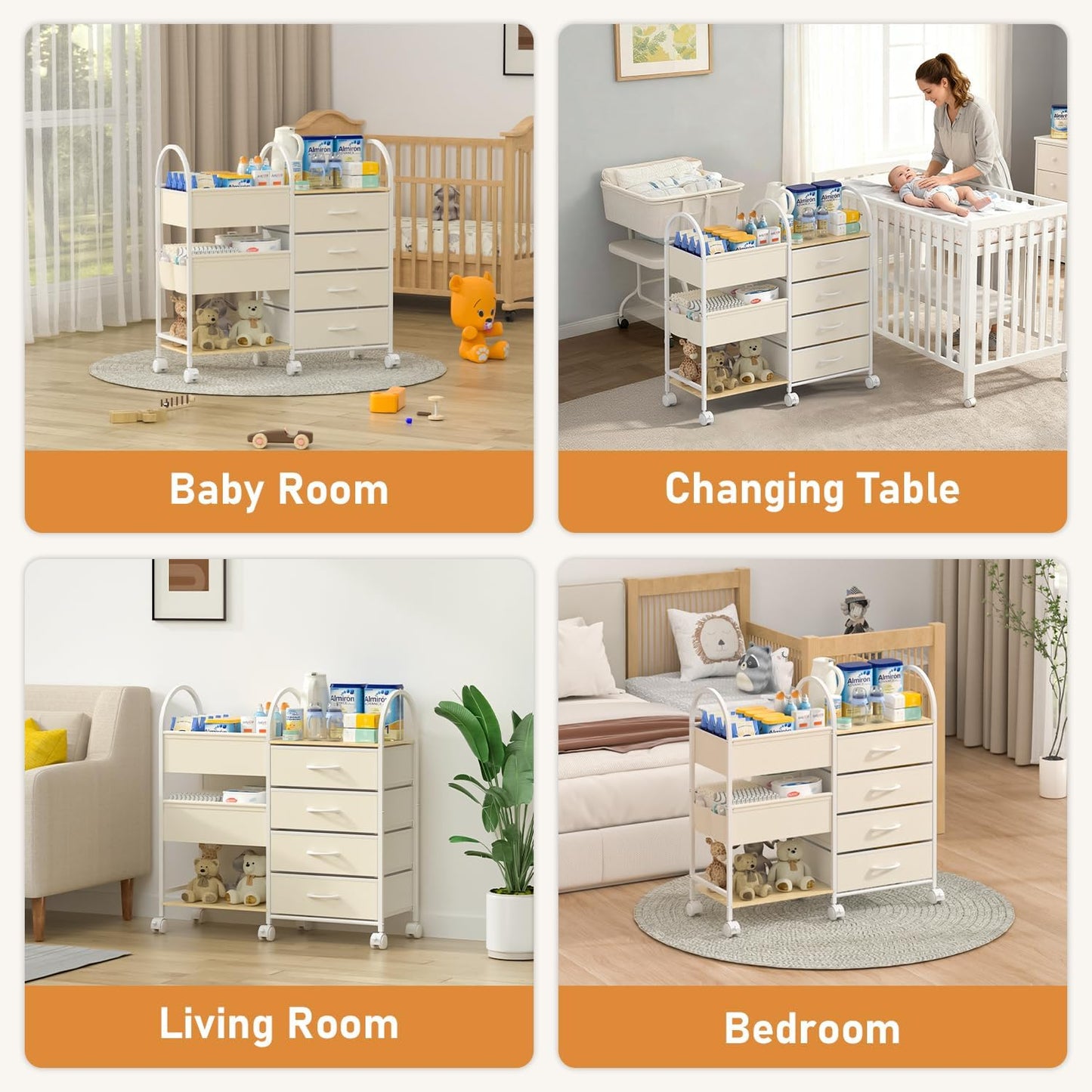 Baby Diaper Caddy Organizer Cart with Wheels, 4-Tier Rolling Diaper Cart with Dividers and Drawers, Multi-Layer Nursery Storage for Diapers & Baby Essentials