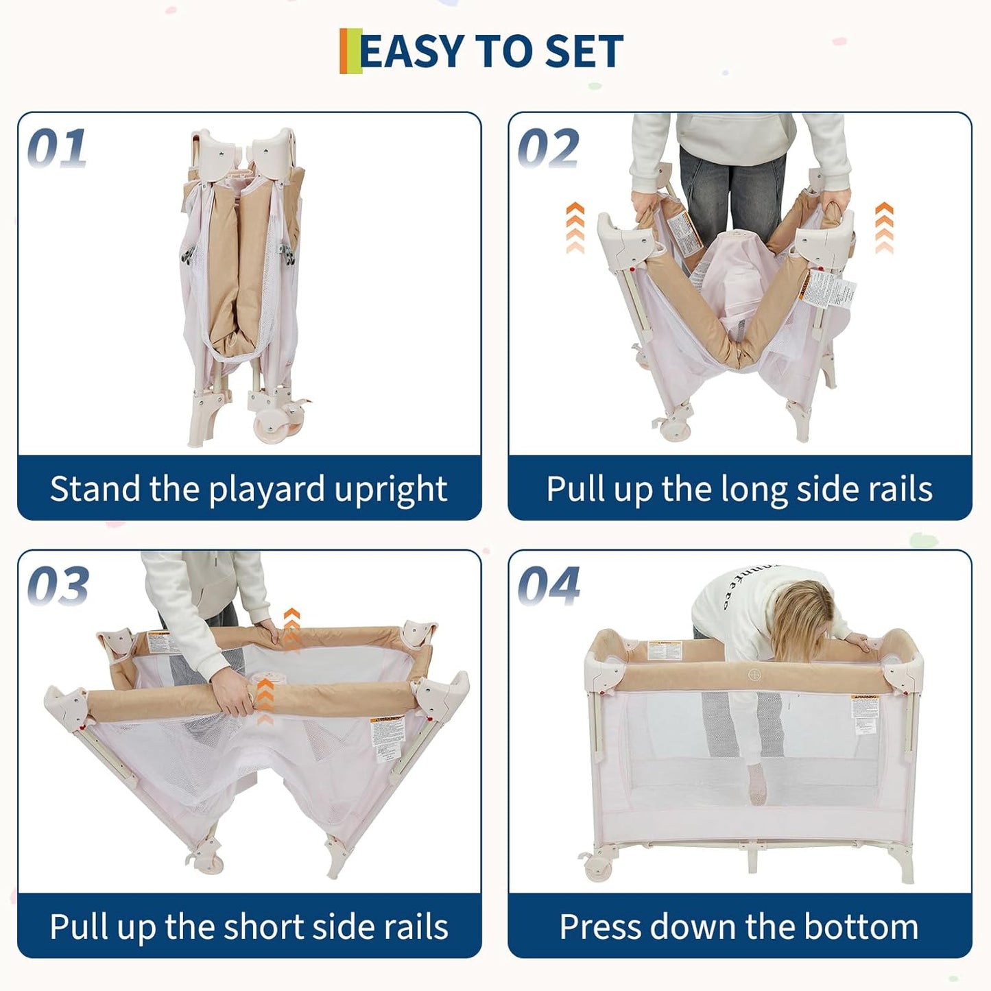 4 in 1 Baby Playard, Portable Bedside Crib with Rocking Bassinet & Diaper Changer, Infant Pack and Play with Mattress, Large Toddler Playpen, Newborn Changing Table, Storage Pocket & Rotating Toy Bar