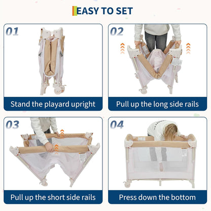 4 in 1 Baby Playard, Portable Bedside Crib with Rocking Bassinet & Diaper Changer, Infant Pack and Play with Mattress, Large Toddler Playpen, Newborn Changing Table, Storage Pocket & Rotating Toy Bar