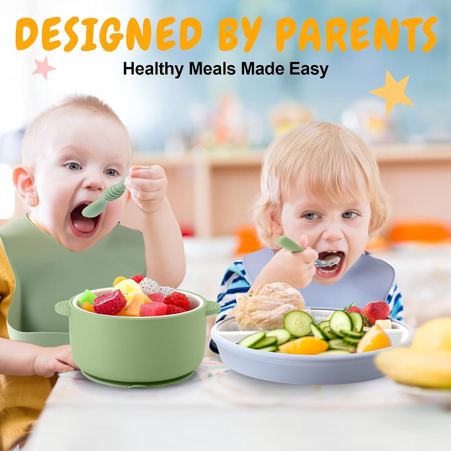 Teenyyou 9 Pcs Porcelain Kids Plates and Bowls Feeding Set with Suction, Ceramic Baby Toddler Divided Plates Silicone Sleeve Bowls Forks Spoons Cup Bib Microwave Dishwasher Safe(Pastels)