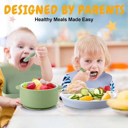 Teenyyou 9 Pcs Porcelain Kids Plates and Bowls Feeding Set with Suction, Ceramic Baby Toddler Divided Plates Silicone Sleeve Bowls Forks Spoons Cup Bib Microwave Dishwasher Safe(Pastels)