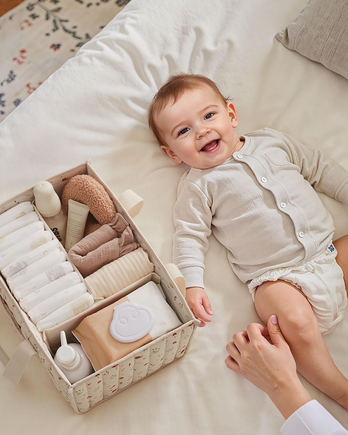 Blissful Diary Floral Diaper Caddy Organizer, Stylish Nursery Storage Basket, Gift for Baby Shower, Newborn Essentials, Floral Beige