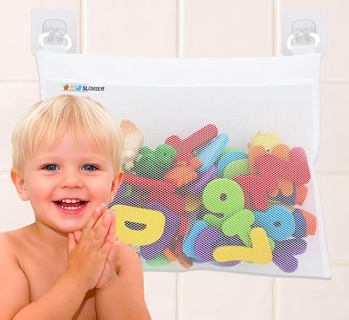 Bath Toy Net for Tub – Large Bath Toy Storage, Mesh Bath Toy Holder for Bathtub, Quick Dry Bathroom Mesh Bag Organizer, Kids Shower Caddy Hanging Basket with Strong 4 Adhesive Hooks, 18x16 Inch