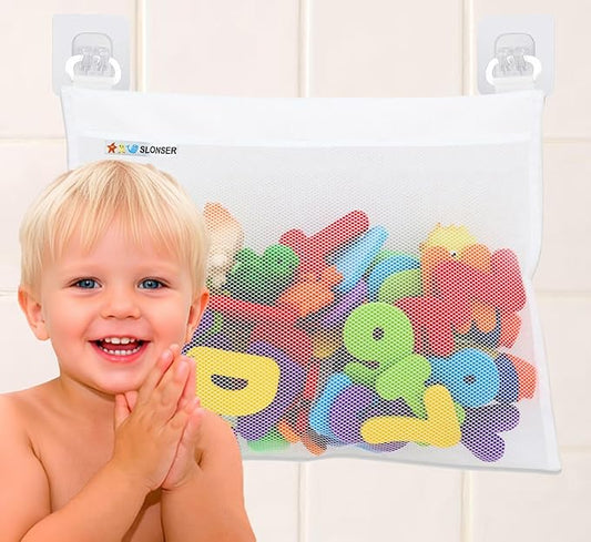 Bath Toy Net for Tub – Large Bath Toy Storage, Mesh Bath Toy Holder for Bathtub, Quick Dry Bathroom Mesh Bag Organizer, Kids Shower Caddy Hanging Basket with Strong 4 Adhesive Hooks, 18x16 Inch