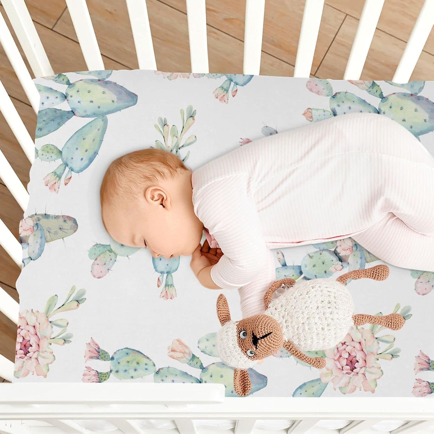 Fitted Crib Sheets Cactus and Floral Stretchy Portable Playard Sheets for Baby Toddler, Breathable Soft Mini Crib Mattress 52 x 28 in for Boys and Girls