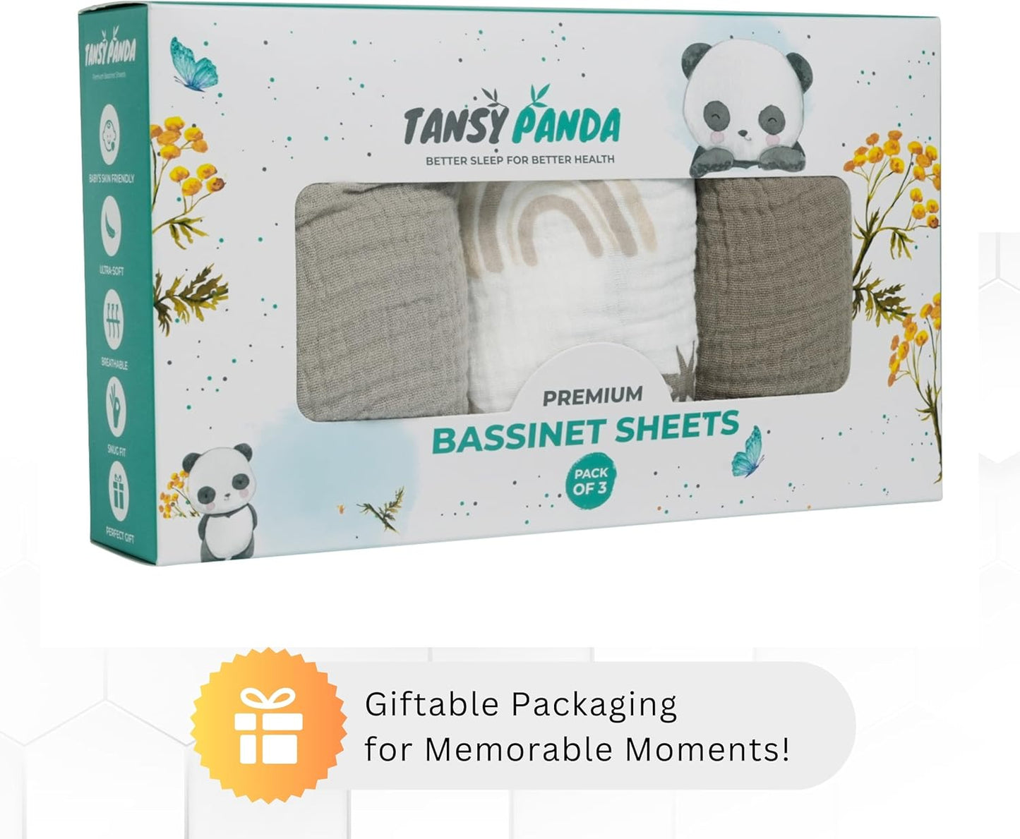 Muslin Bassinet Sheets for Angelbliss, Cowiewie, Amke, Jimglo, Suihuooo, Wayfong Baby Bassinet Bedside Sleeper by TansyPanda, 3PC, 20×33in, Ultra Soft, Breathable, Snug Fit, Unisex Boys Girls, Maadi
