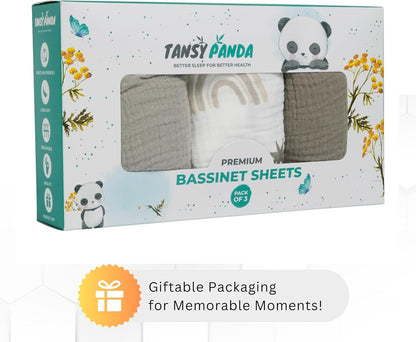 Muslin Bassinet Sheets for Angelbliss, Cowiewie, Amke, Jimglo, Suihuooo, Wayfong Baby Bassinet Bedside Sleeper by TansyPanda, 3PC, 20×33in, Ultra Soft, Breathable, Snug Fit, Unisex Boys Girls, Maadi