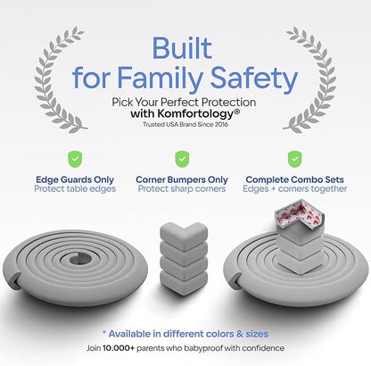 Baby Proof Corners 20.4ft and Edges with Furniture Corner & Edge Safety Bumpers, Impact-Absorbent 18ft Bumper & 8 Foam Corner Protectors, Thick, Odorless Table Edge Protectors for Baby | Grey