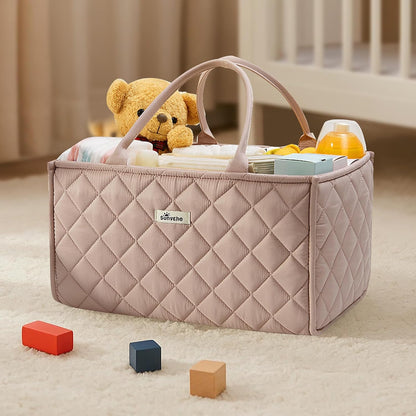SUNVENO Quilted Diaper Caddy Organizer, Soft Padded Baby Diaper Caddy with Removable Dividers, Large Nursery Storage Basket for Diapers, Wipes and Baby Essentials, Portable Nursery Organizer, Brown
