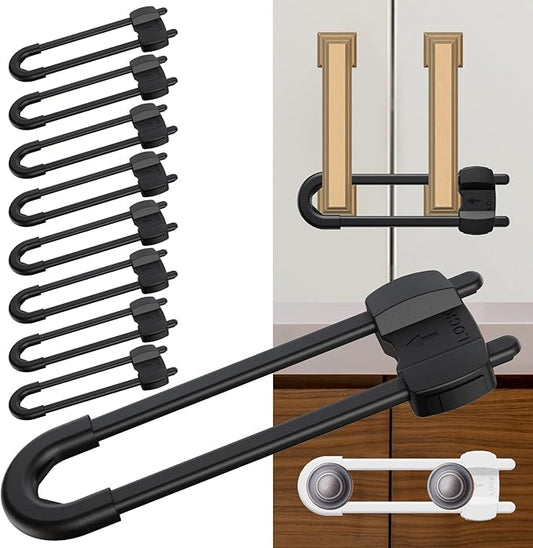 LRANFOW 10 Pack U-Shaped Baby Proof Cabinet Locks No Drilling Required, Adjustable Child Safety Latches for Cabinets Drawers Kitchen Doors, Black
