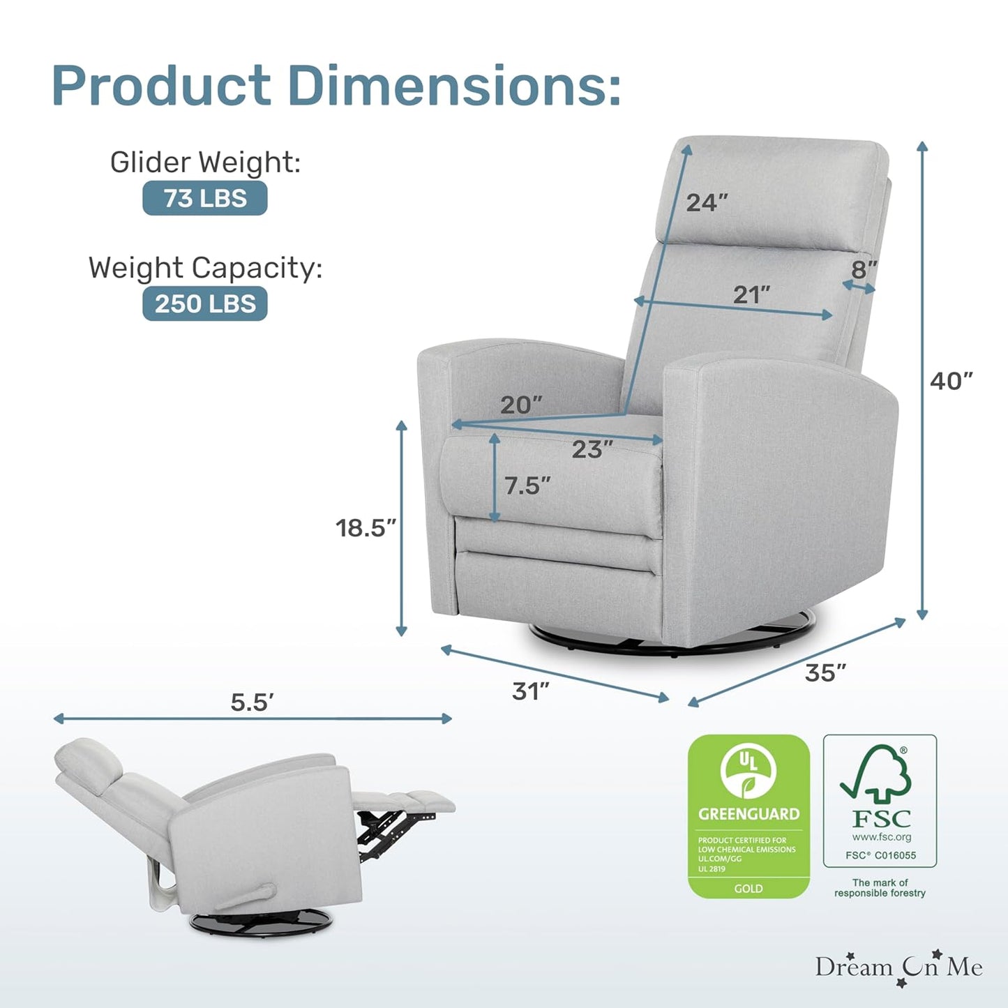 Dream On Me Chatham Basic Nursery Rocking Glider in Ecru, 360° Swivel Motion, FSC Certified, Greenguard Gold & JPMA Certified Nursery Glider, Three Rocking Modes Nursery Glider Recliner